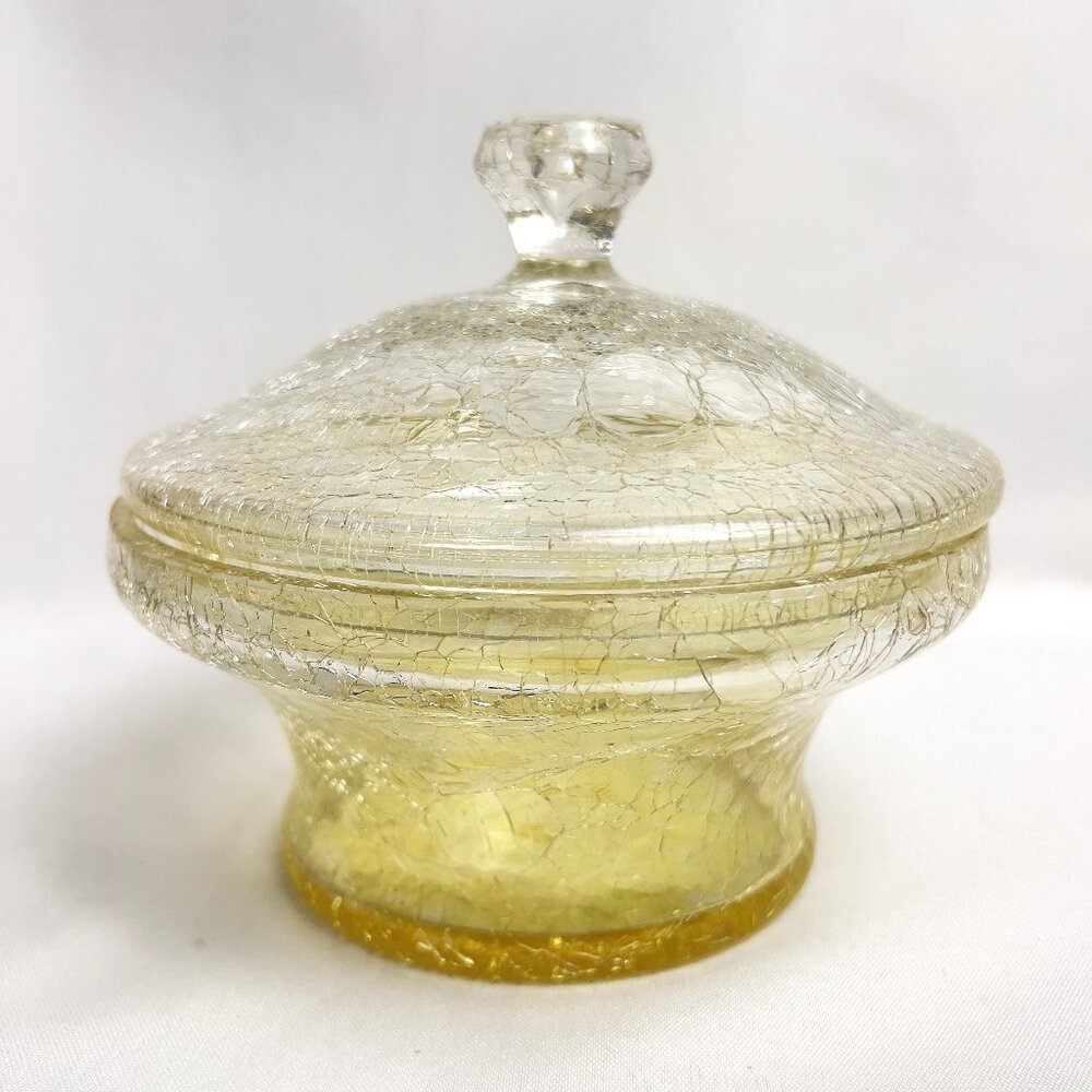 Yellow Crackle Glass Vintage Covered Dish Art Glass Vanity Jar Mid-Century Style